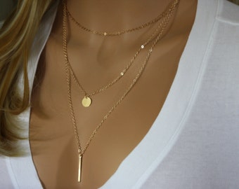 Monogram Gold Layering Necklace, Skinny Bar Necklace, Layered Necklace Set of Three Bar Necklace Vertical Bar Necklace Layer Necklace Bar 33