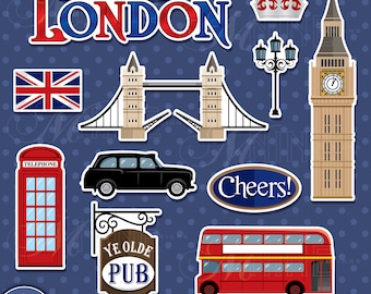 LONDON Clip Art / London Clipart Downloads / Britain Clipart, Big Ben London Bridge Clip Art, Scrapbook Clipart, Vector Clip Art