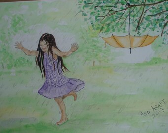 Watercolor Painting, Original Watercolor Painting, Girl Painting, Painting of Girl, Girl Running in the Rain
