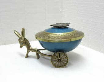 Vintage Tamar Brass Donkey Pull Cart Passover Dish Blue Bowl Made in Israel