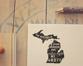 Michigan Return Address State Stamp, Personalized Rubber Stamp