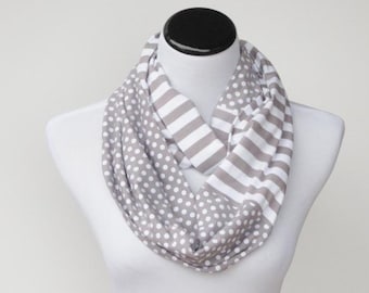 Gray scarf Infinity scarf gray white polka dots and stripes scarf circle scarf loop scarf, gift idea for her - gift for women and teen girls