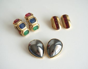 3 Vintage Earrings clip-on, golden metal and faux precious stones, Italian bijoux 1980s