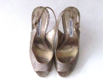 Manolo Blahnik Glitter Slingback Peep-Toe Pumps Shoes