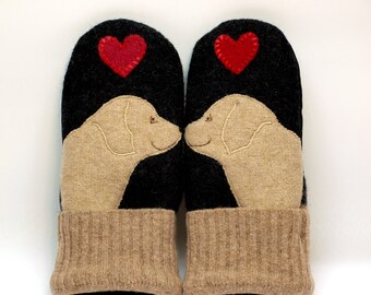 Labrador Wool Sweater Mittens Felt Mittens Winter Gloves Dark Gray Cream and Red Fleece Lining Leather Palm Eco Friendly Size S/M