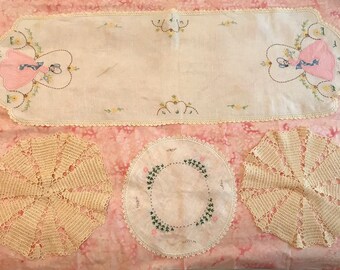 3 Antique Doilies and 1 Dresser Scarf