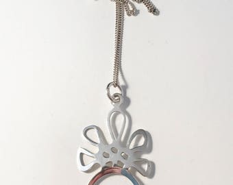 Vintage Modernist Sterling Silver Rock Crystal Pendant Necklace.