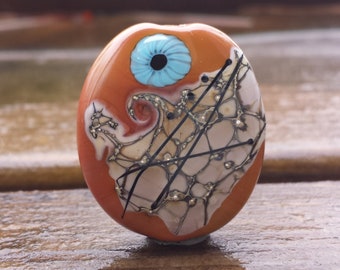 Lampwork Glass Bead Focal - Silvered Ivory Shards - Turquoise Murrini Flower