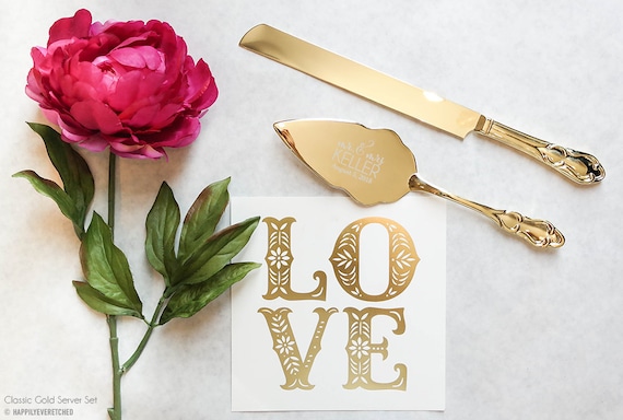  Personalized  Gold  Wedding  Cake  Knife and Server  Set  2pc
