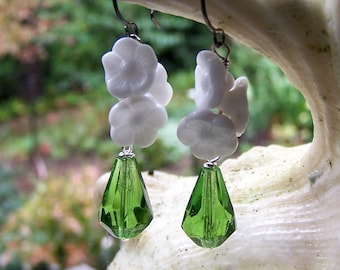 Glass Flower Earrings || Green Czech Glass Drops | White Flowers | Nature Lover | Earthy | Organic | Wedding Jewelry | Earrings Under 20