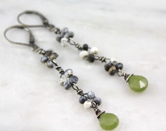 Long Dendritic Opal and Vesuvianite Oxidized Silver Earrings