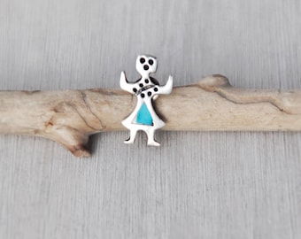 Vintage Kachina Tie Tack - tiny sterling silver turquoise inlay lapel pin - Southwestern Native American jewelry