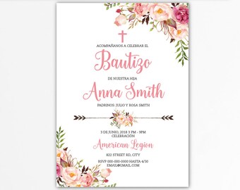 Boho Baptism invitation girl spanish, floral baptism invitation printable, Christening Invitation, pink baptism invitation, invites BFC04
