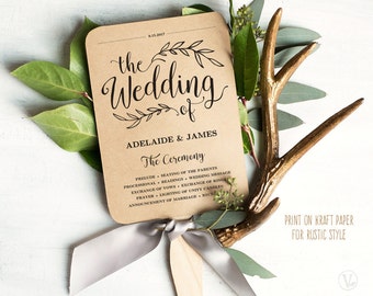 Printable Wedding Program Template, Rustic Wedding Fan Program, Wedding Fans, Editable text, 5x7, VW01