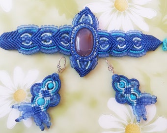 Macrame Set Bracelet and Earrings With Chalcedony and Turquoise