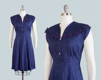 Vintage 1950s Dress | 50s Navy Blue Cotton Shirtwaist Pintuck Lace Full Skirt Day Dress (medium)