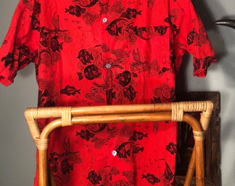 Vintage Men's Red Hawaiian Shirt Fish