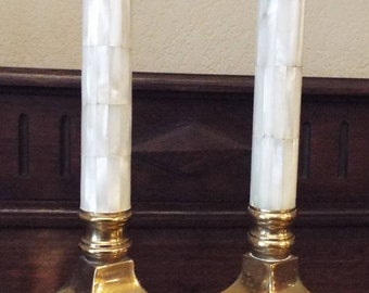 Brass and Mother of Pearl Inlay Candlesticks
