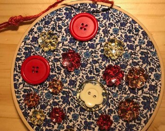 Embroidery Hoop Art - Red and Yellow on Blue Flowers