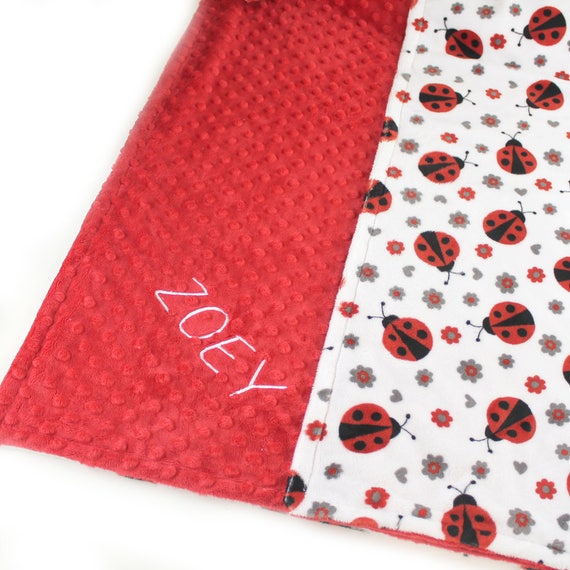 Personalized Baby Blanket Baby Girl, Ladybug Minky Baby Blanket Girl, Red Gray Ladybug Baby Blankets, Red Ladybug Blanket, Baby Shower Gift