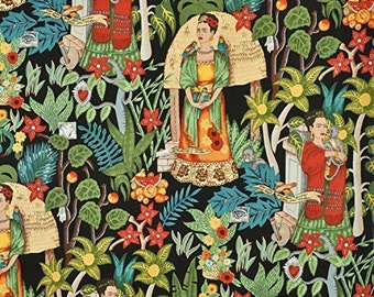 Frida's Garden- Black Background Alexander Henry Fabrics Cotton- By the Yard