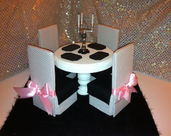 Doll Furniture for Barbie, Monster High, Fashion Royalty, Blythe - Dining Table & Chairs - Black and White