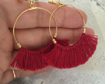 Clip earrings red fringe earrings tassel earrings gold hoop earrings
