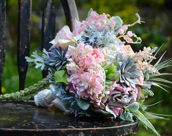Succulent Bouquet. Mint and Peach Bouquet. Succulent Bridal Bouquet. Rustic Wedding.