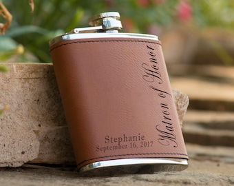 Personalized 6 oz. Leatherette Stainless Steel Flask - Matron of Honor Flask - Maid of Honor Flask - Personalized Flask - Brown Flask