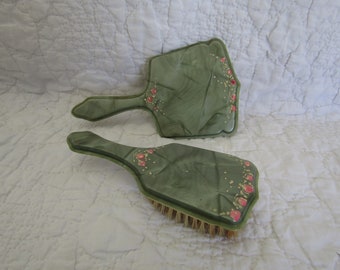 Vintage Vanity Set Mirror and Brush Dresser Set Green with Painted Flowers