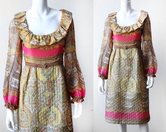 Vintage 1970's Victor Costa ROMANTICA Quilted Ruffled Dress