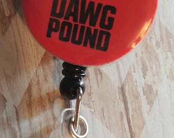 Dawg Pound orange and brown mascot flat back Badge Retractable Reel, Feltie Badge, Badge Reel, Nurse Gift, ID holder, Swivel Badge, coach