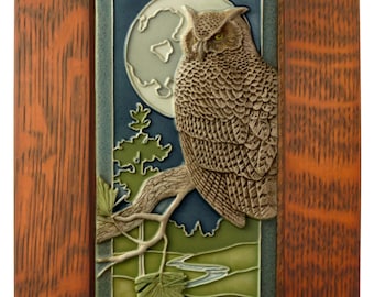 Framed Ceramic tile, Night Owl, art tile, wall decor, sculpture, 4x8 inches