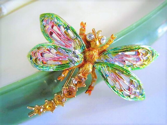 Dragonfly Brooch, Signed ART, Enamel Open Back, Clear Rhinestone Eyes, Rhinestone Tail, Vintage Pin