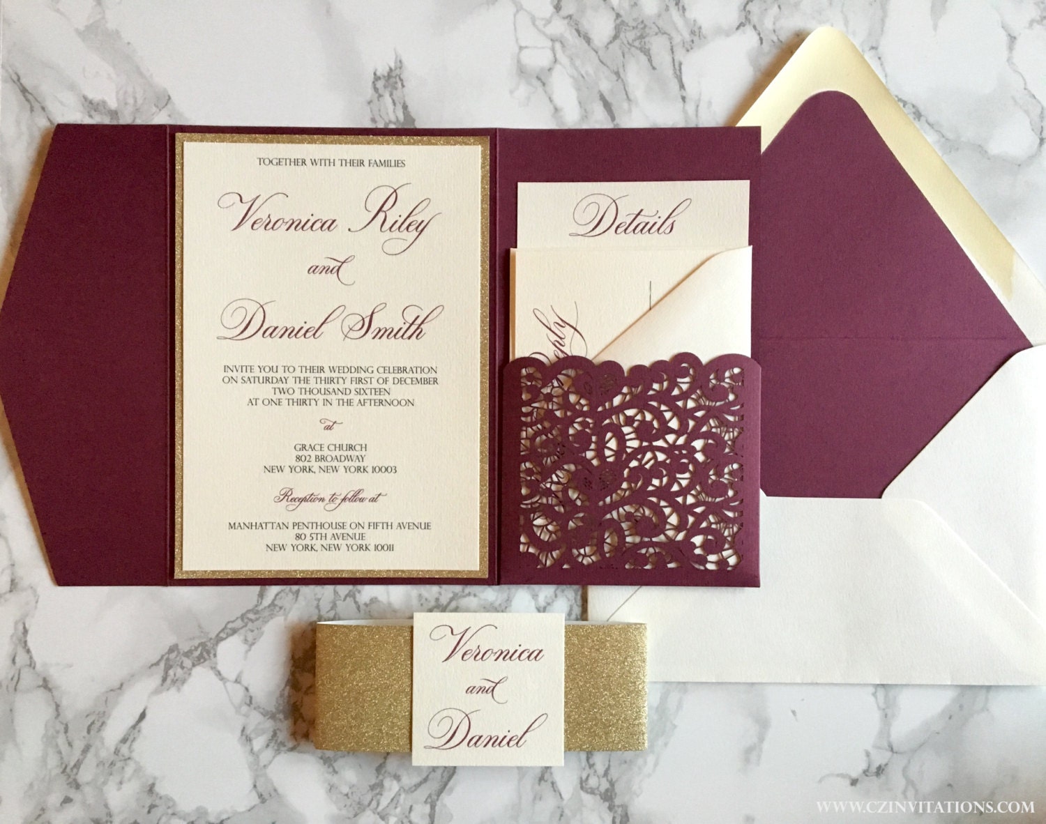 Laser Cut Pocket Wedding Invitation Burgundy and Gold Glitter