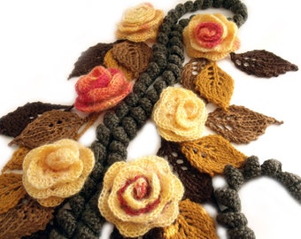 Crochet scarf lariat Flowers leaves scarf Gypsy hippie scarf Boho crochet scarf Freeform lariat Scarf necklace Crochet flowers Art to wear