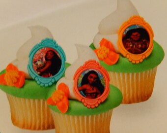 24 Moana Cupcake Cake Topper Rings Birthday Party Decoration