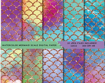 Mermaid Scale Digital Paper, Glitter, Watercolor Digital Paper, Fish Scale, Mermaid Digital, Instant Download, Glitter Scales