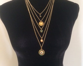 Emerald Green and Gold Flower, Crystal, and Rhinestone Layered 5-Strand Necklace; Flower and Rhinestone Multi Strand Necklace