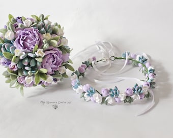Purple mint wedding set Alternative wedding bouquet Purple wedding bouquet Mint Succulent headwreath Keepsake succulent bouquet Bouquet Set