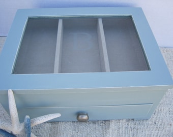 Personalized "B" Shabby Painted Robin's Egg Blue Jewelry Box with Drawer