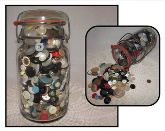 Large Glass Ball Clamp Top Canning Jar FULL of Vintage Buttons, 1908