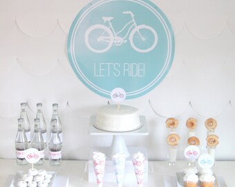 PRINTABLE bicycle party decor, labels and signs- complete bike printable party kit by kojodesigns (red, aqua and gray)