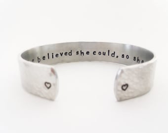 Secret Message Cuff Bracelet, She Believed She Could, So She Did, Hammered Texured, Customizable