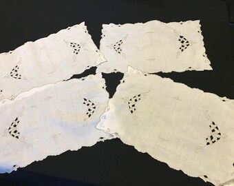 Set of 4 Vintage White with Grey Cutwork Embroidery Placemats