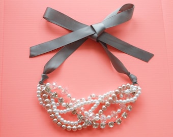 Pearl and Rhinestone Statement Necklace, Bridal Pearl Necklace, Chunky Pearl Necklace with Ribbon