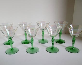 Iridescent Fostoria Depression Champagne Glasses Vaseline Green Swirl Stems 4 3/4" Excellent