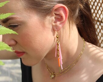 Tropicana Pink Lady Tropical Long Fringe Statement Earrings