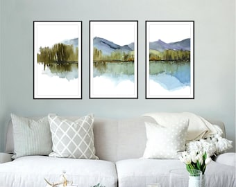 Extra Large Wall Art, 3 prints of 21x36 Inches each, Blue, Purple, Green White Art, Extra Large Art Abstract Landscape Watercolor Print