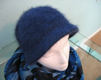 Retro Navy Angora Cloche Hat - OSFA